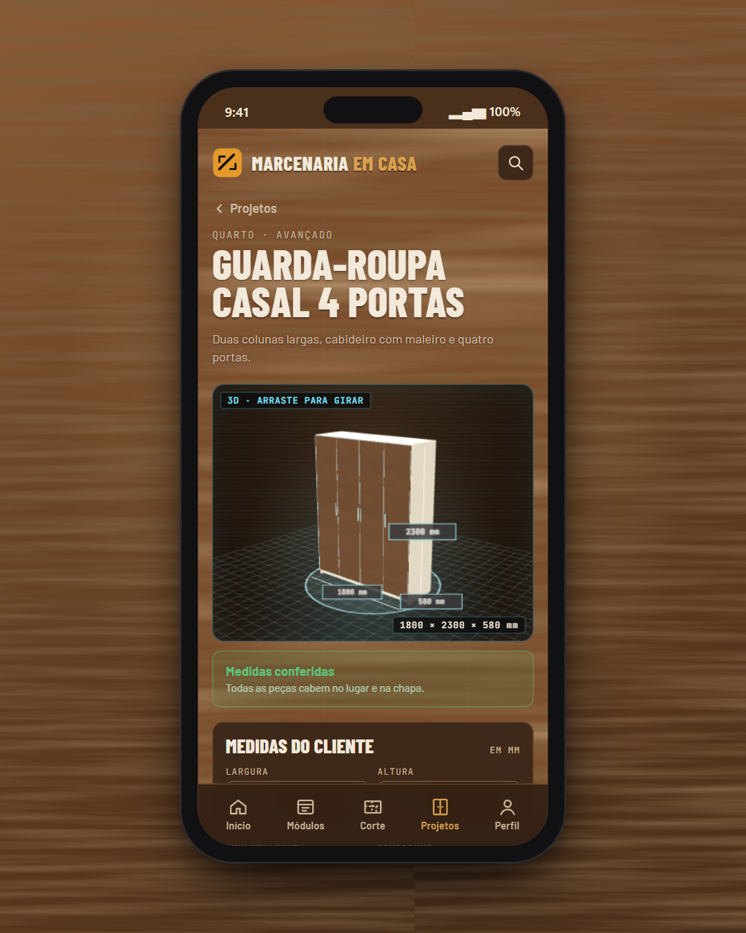 Guarda-roupa casal de 4 portas em 3D com as medidas do cliente